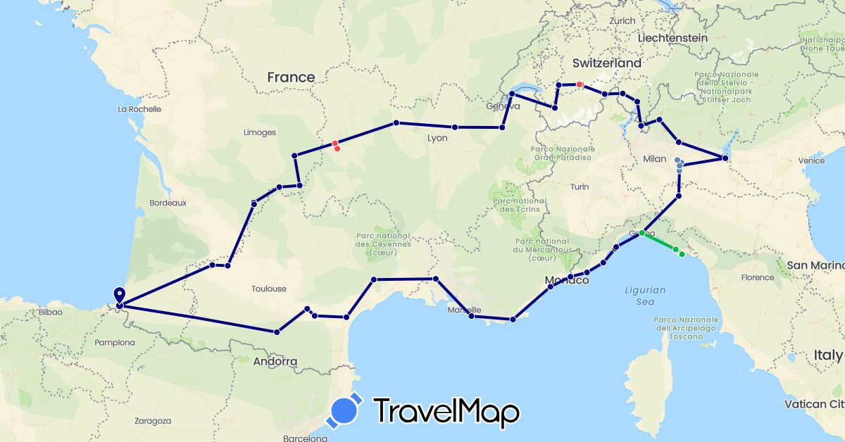 TravelMap itinerary: driving, bus, cycling, hiking in Switzerland, France, Italy (Europe)